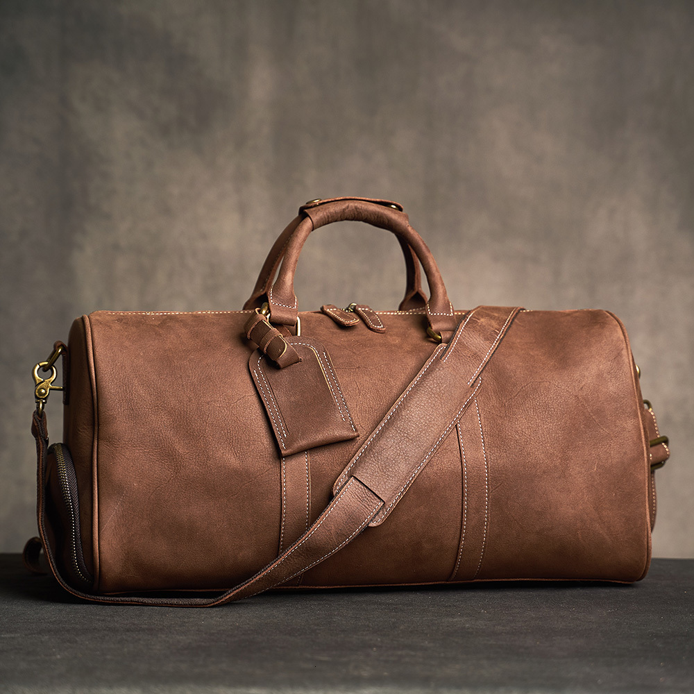 

Duffel Bags Geunine Leather Vintage Men's Hand Luggage Travel Large Capacity Single Shoulder Messenger Boston bag For 17 Inch Laptop 230203, Dark brown