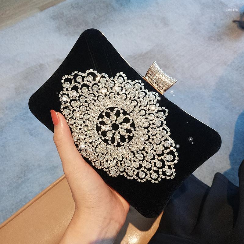 

Evening Bags Women Fashion Rhinestone Small Day Clutch Chains Velvet Flower Crystal Bridesmaid Bag, Black