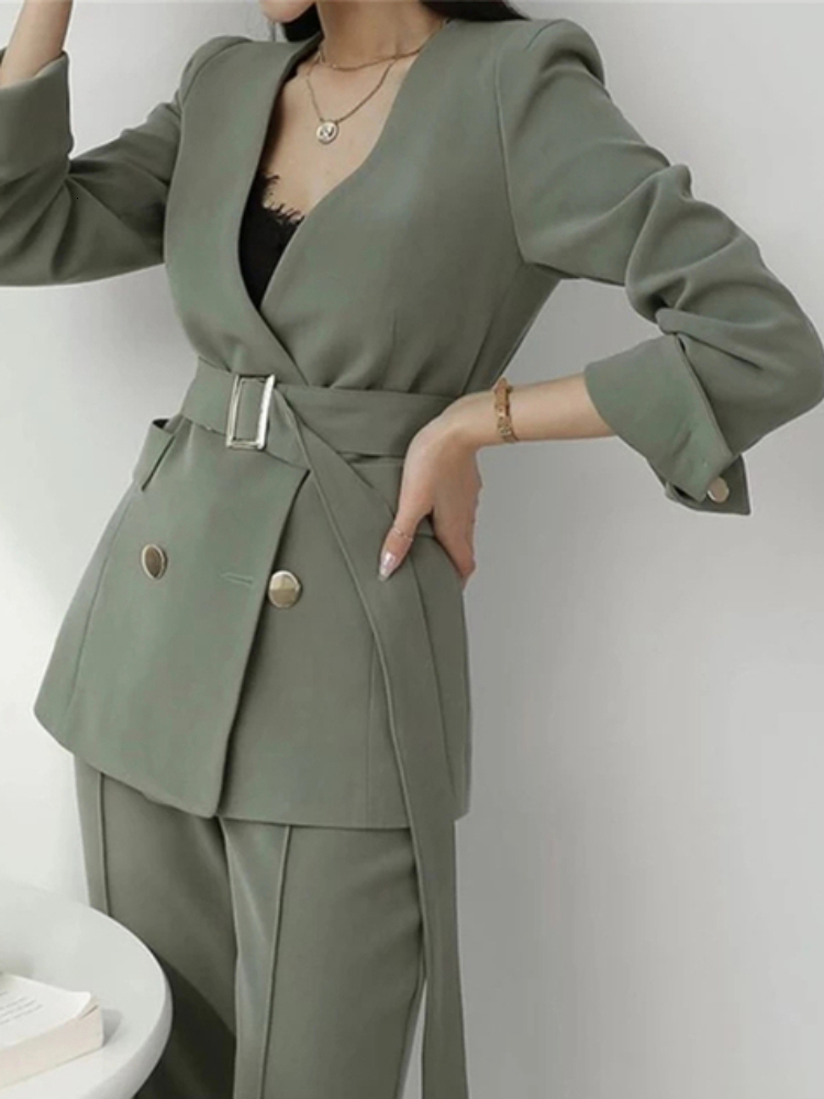 

Womens Two Piece Pants Spring And Autumn Office Suit VNeck Green TwoPiece Sets Female Blazer Girly Elegant Temperament Pantsuit Setup Ladies 230202, Apricot