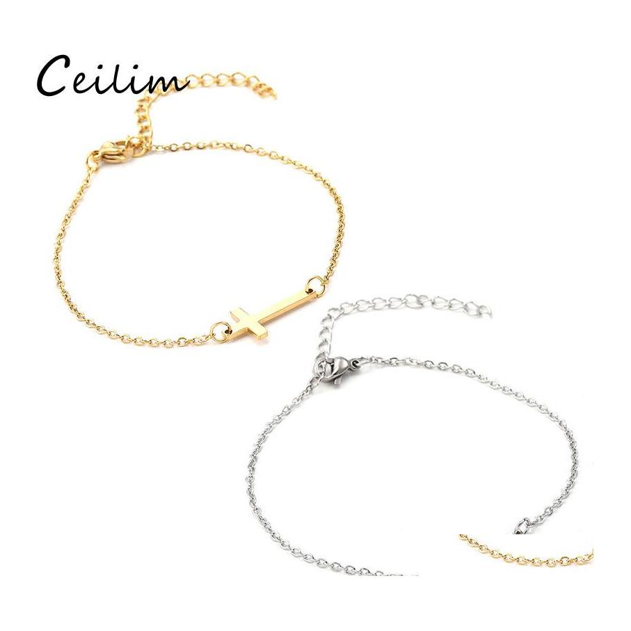 

Charm Bracelets Stainless Steel Cross Bracelet Gold Sier Color Chain Pendant Bangles For Women Men Fashion Friendship Jewelry Drop De Oturu