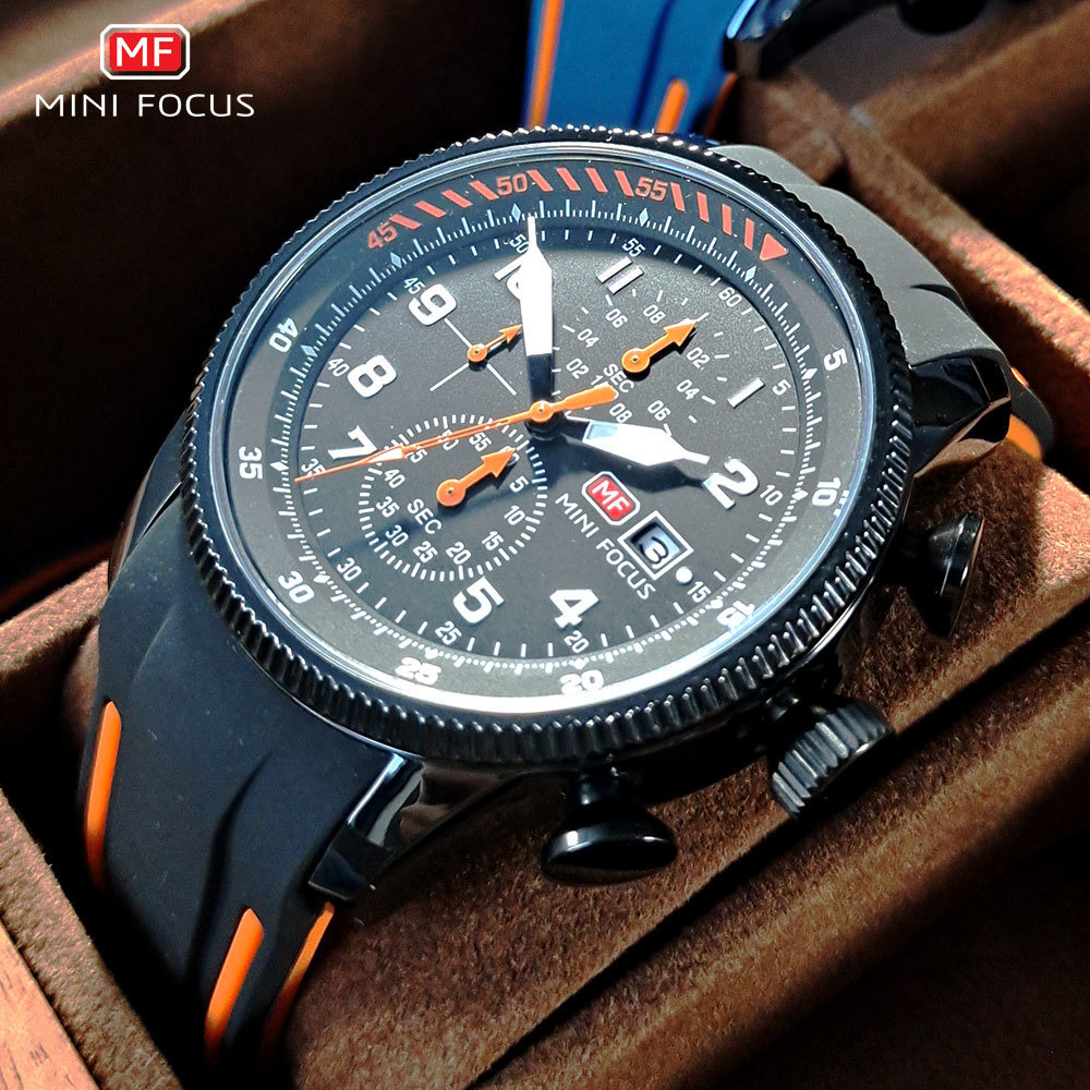 

Wristwatches MINI FOCUS Sport Quartz Watch for Men Fashion Waterproof Chronograph Wristwatch with Blue Silicone Strap Auto Date Luminous 0379 230202, 0379 blue orange