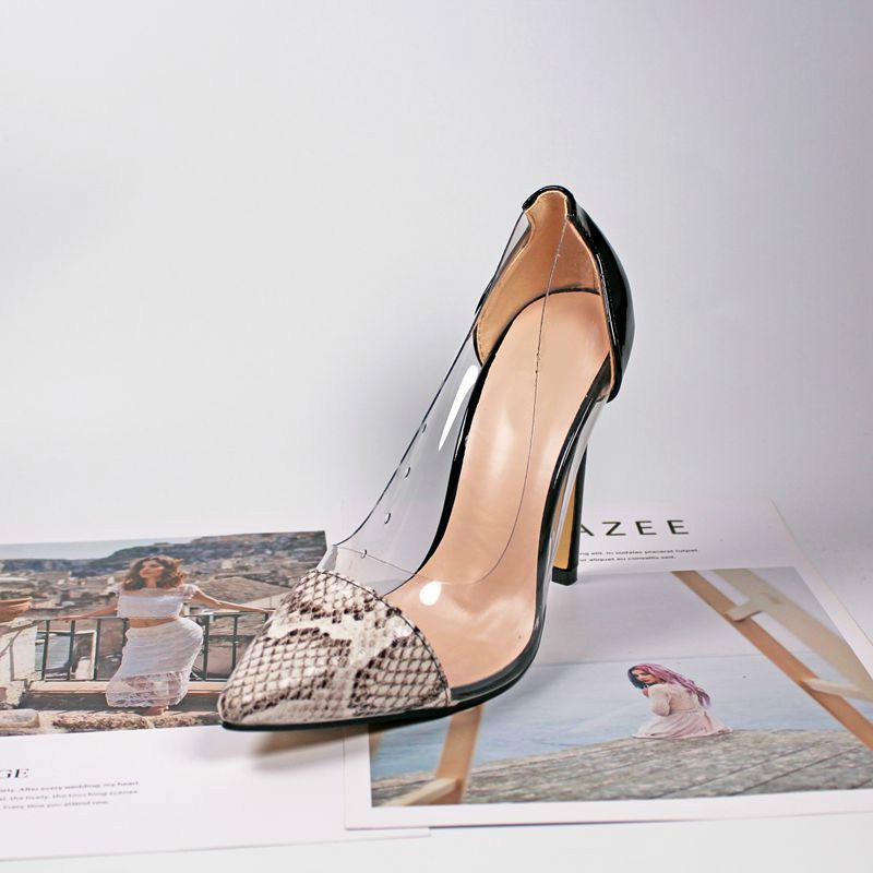 

Dress Shoes Nice Ladies Sandals Sexy Snake Pattern women's High-heeled Pointed Single Transparent Hollow Banquet Wedding, Black