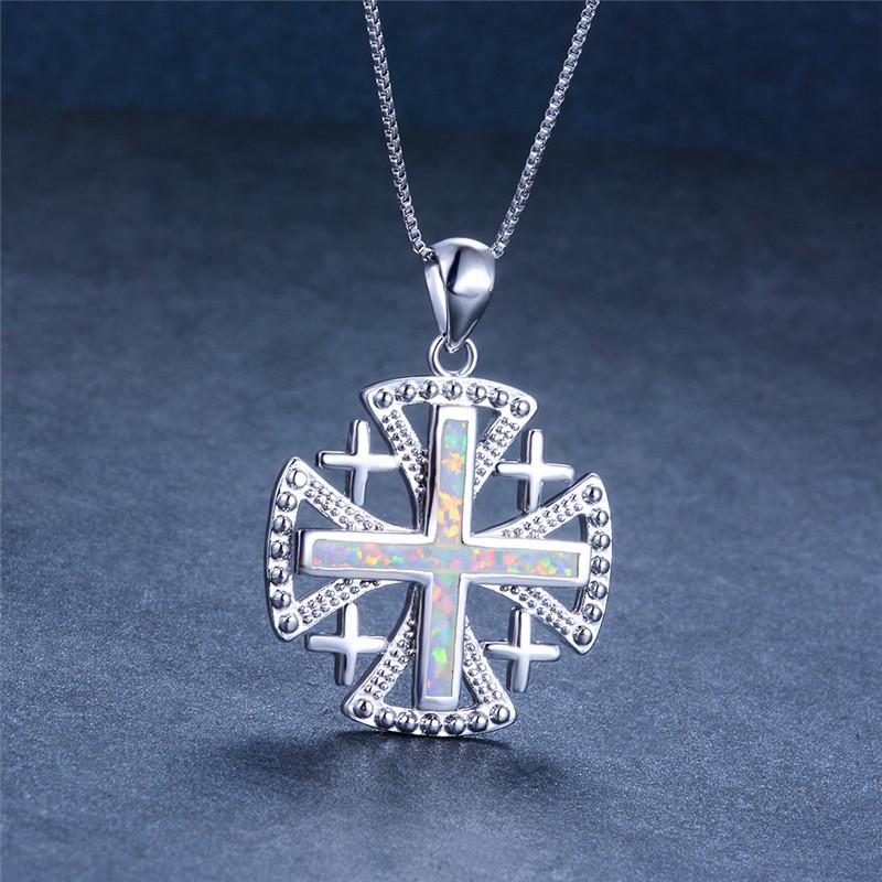 

Pendant Necklaces Luxury Female Big Cross Pendants Fashion White Blue Fire Opal Necklace Silver Color Wedding For WomenPendant