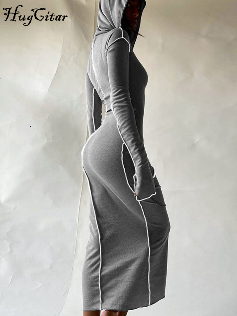 

Casual Dresses Hugcitar Long Sleeve Hooded Patchwork Skinny Maxi Dress Autumn Winter Women Fashion Streetwear Outfits 230202, Gray