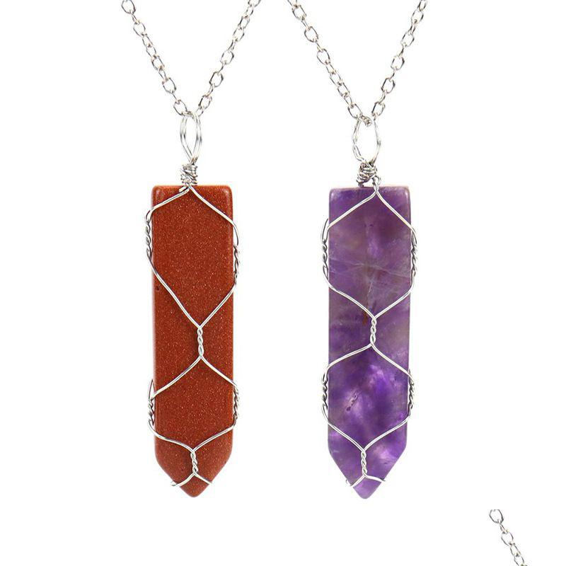 

Pendant Necklaces Sword Shape Natural Stone Wire Wrapped Sier Metal Net Pocket Sweater Chain Necklace Healing Reiki Weave Ro Dhgarden Dhl3R