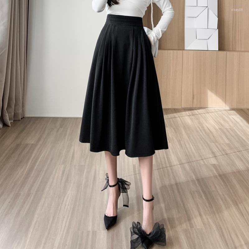 

Skirts French Style Elegant High Waist A-line Umbrella Skirt Women Fashion Folds Ball Gown Midi Spring Autumn Female Long, Black