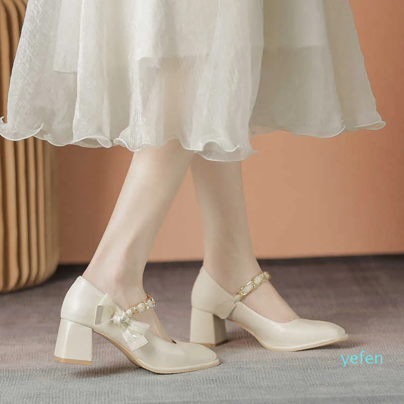 

Thick Heels High Heels Square Toe Soft Leather Mary Jane Single Shoes Women's New Style Spring, Black