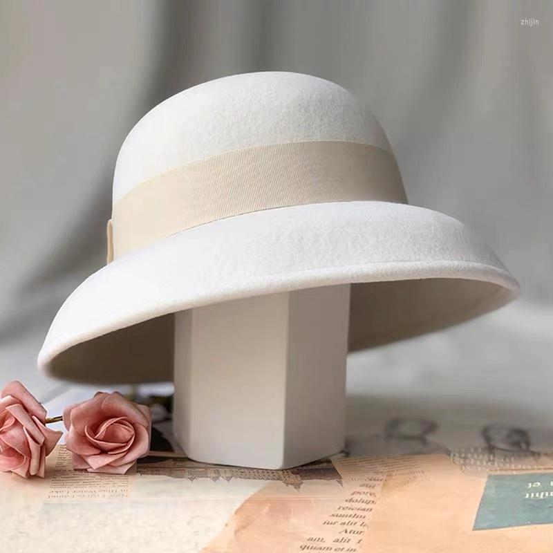 

Berets 2023 Formal Hats Winter Pure Wool Felt Bowknow Fedora Hat White Cap Mother Gift Lady Top Grade Wedding Banquet