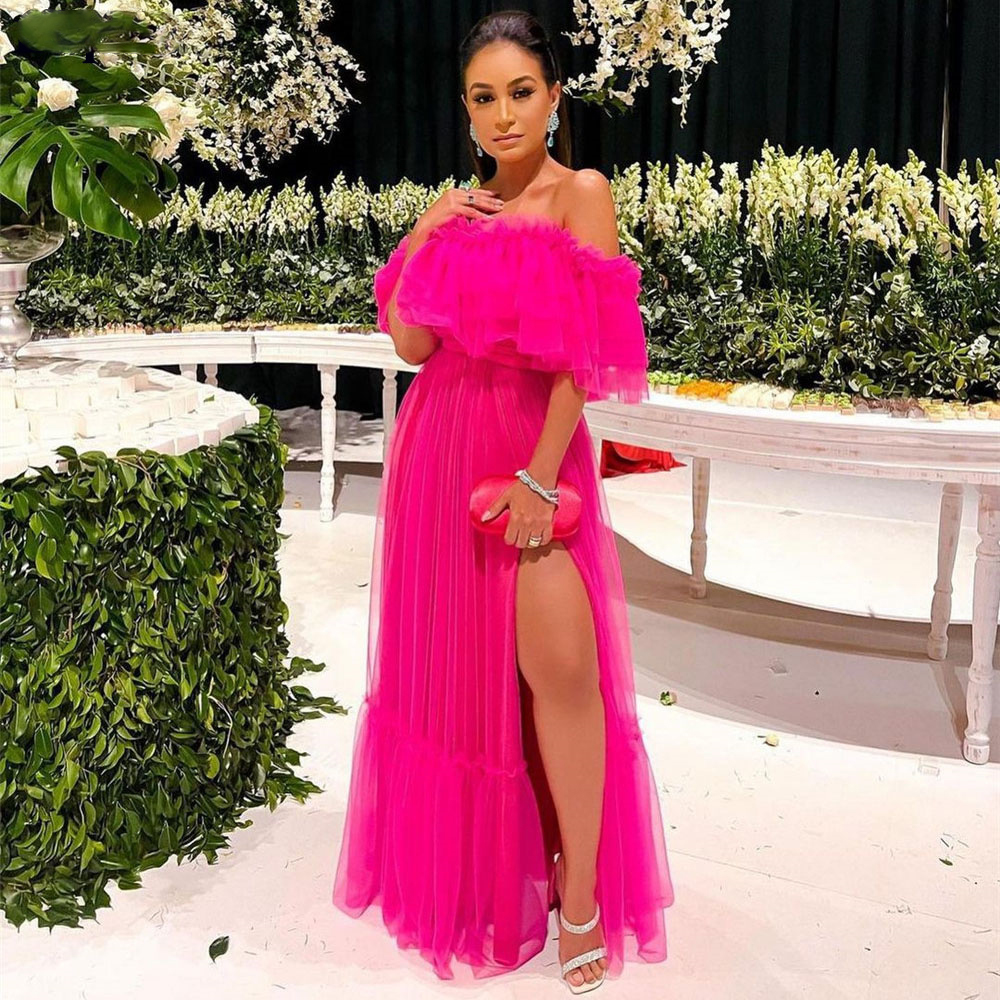 

Fuchsia Soft Tulle Prom Dresses 2023 Off The Shoulder High Slit Side Formal Evening Party Gowns, Pink