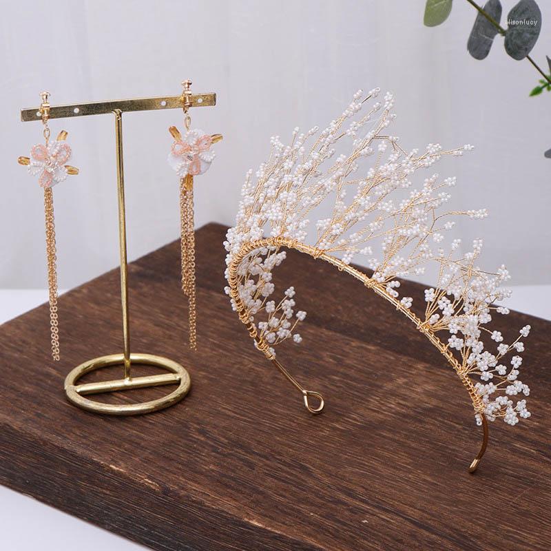 

Necklace Earrings Set Bridal Headdress Faux Pearl Crown Long Tassel Weeding Hair Dress Jewelry Women Bride Ear Accessories TEN, Picture shown