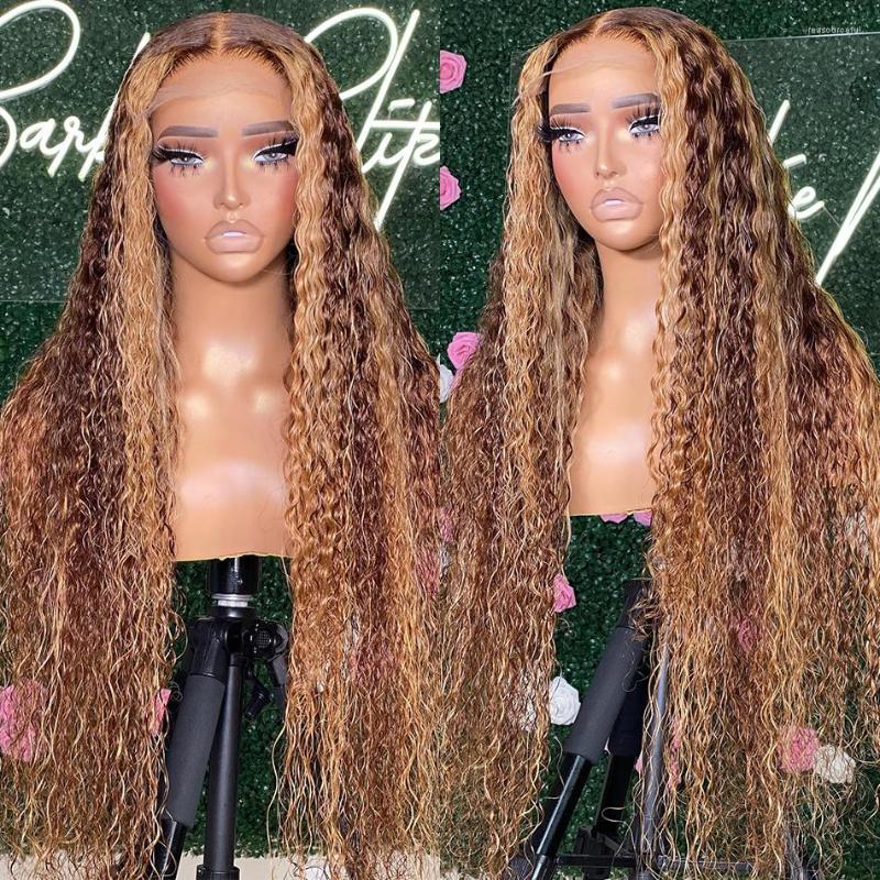 

Inch Highlight Ombre Lace Front Wig Curly Human Hair 180% Honey Blonde Colored Deep Wave Frontal Wigs For Black Women, 13x1 lace wig