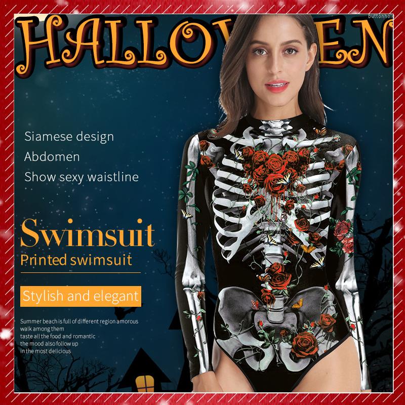 

Women's Swimwear Halloween Carnival Party Swimsuit Rose Skeleton 3D Printing Long Sleeve Sexy Bodysuit Zipper One Piece Women, Wb120-015