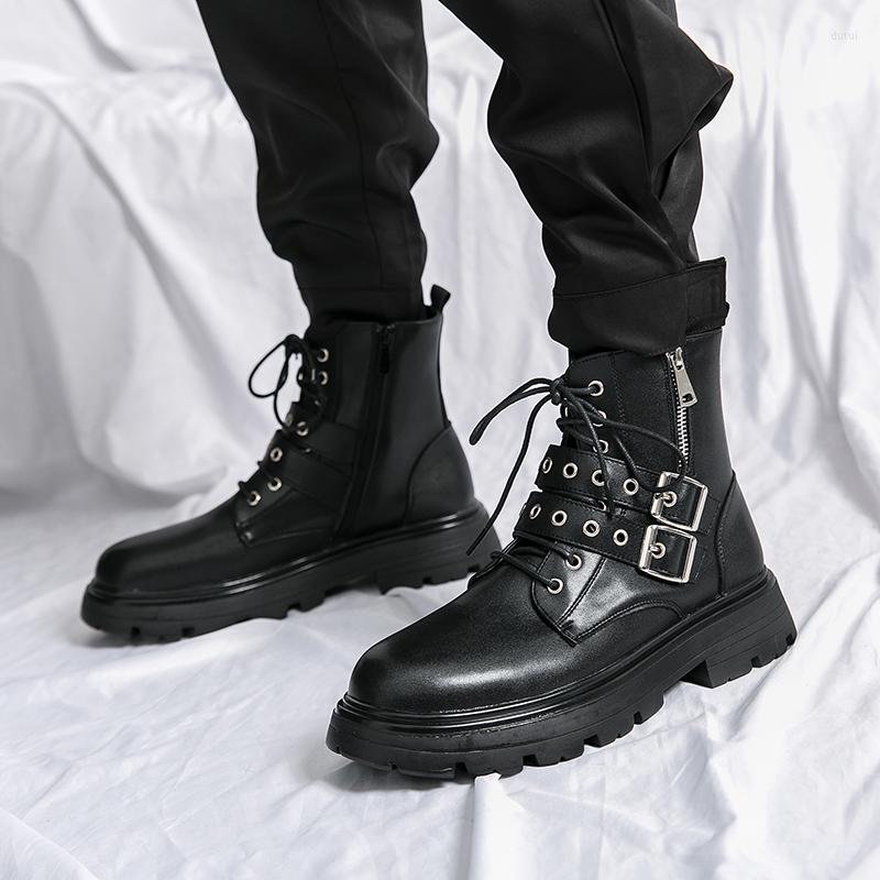 

Boots Autumn Winter High-quality Black Motorcyclist Boot Men Fashion Platform Safety High-top Leather Shoes Botas Hombre, Black 51382