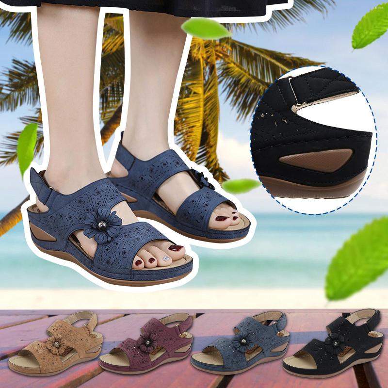 

Sandals Fashion Women Flowers Casual Open Toe Wedges Massage Soft Bottom Breathable Hook Loop Shoes Arch Supports For Womens, Black