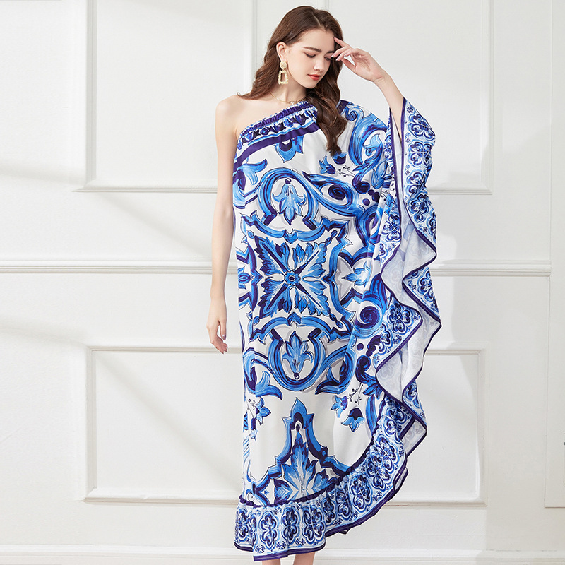 

Fashion Runway Dress 2023 Spring Summer Asymmetric Printed Midi Vestidos One-Shoulder Sleeve Ruffles Vacation Expansion Dresses, Customize
