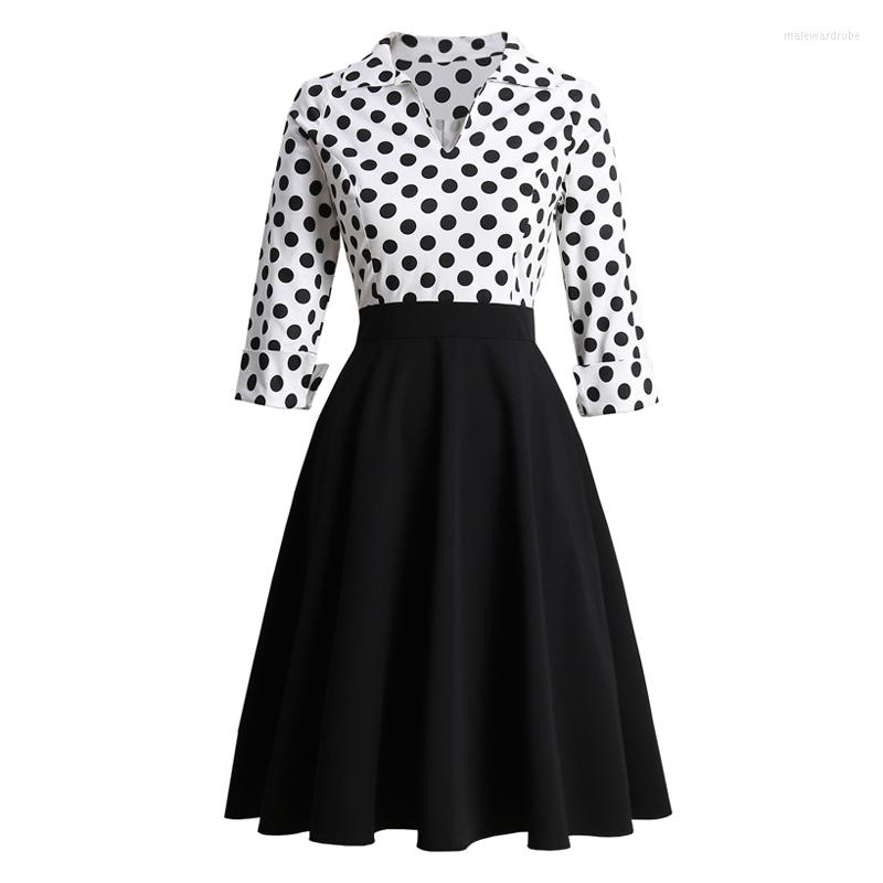 

Casual Dresses White And Black Two Tone Polka Dot Elegant Vintage Midi Dress For Women Robe Three Quarter Sleeve Winter Office Ladies