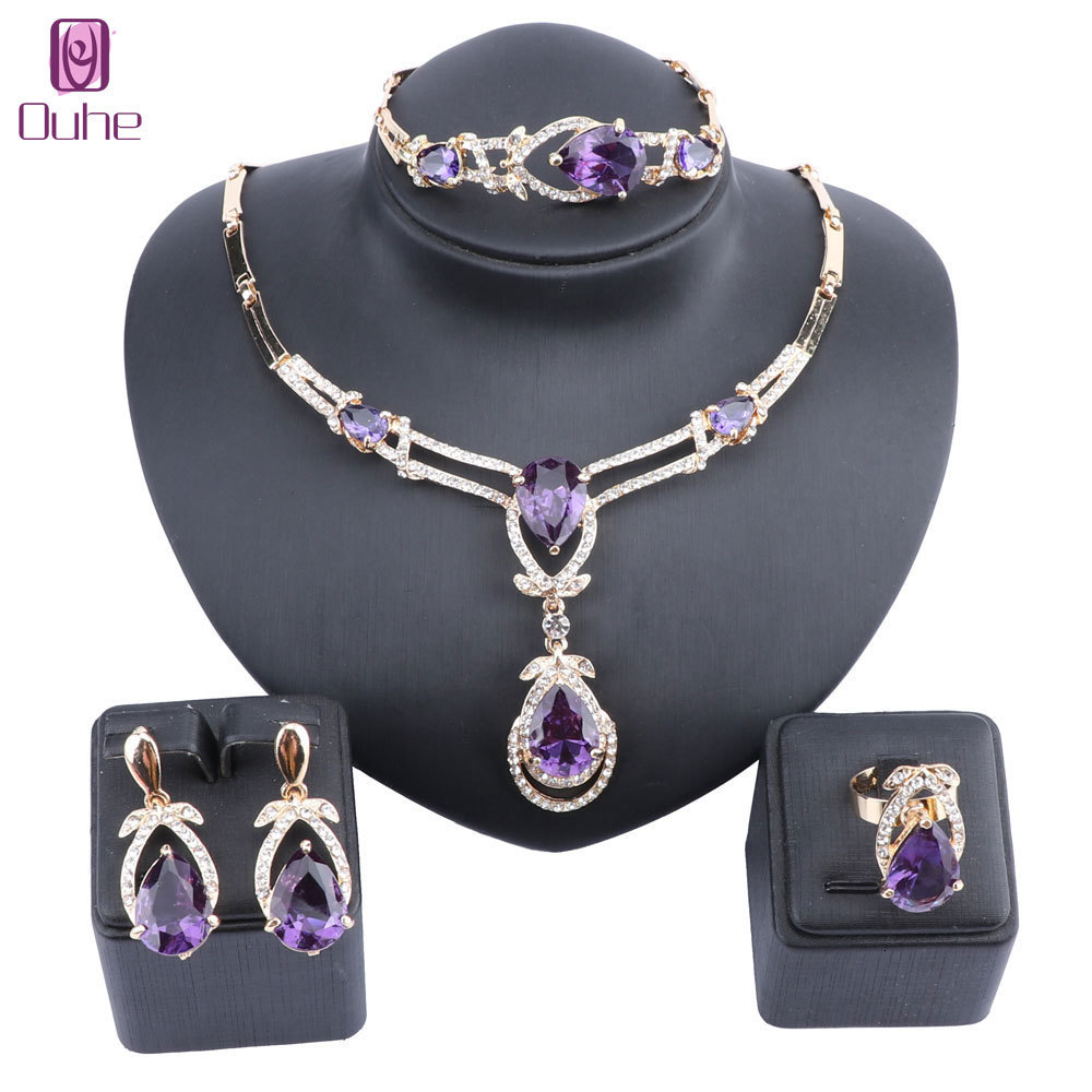 

Wedding Jewelry Sets Women Gold Color Purple Zircon Crystal African Beads Necklace Bracelet Earring Ring Saudi Set Party Bridal Decoration 230203