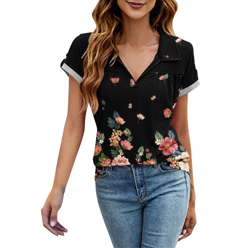 

Women' Blouses & Shirts Elegant Fashion Women Shirt Blouse Floral Print V Neck Short Sleeve Tops Office Lady CamisasWomen, Blue
