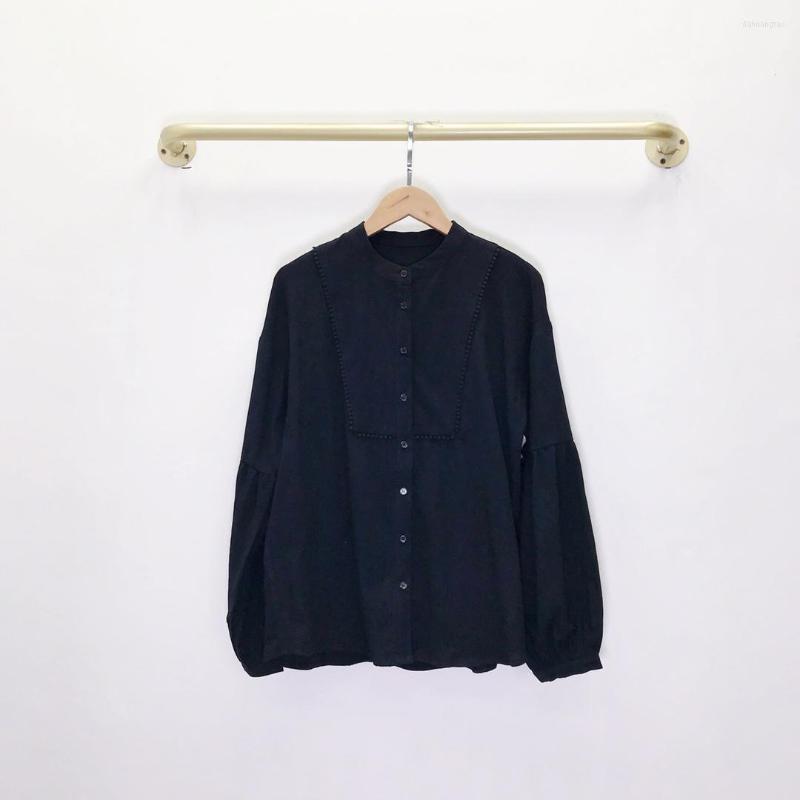

Women' T Shirts 2023 Spring And Autumn Women' Fashion Small Stand-up Collar Puff Sleeve Cotton Shirt 0412, Black