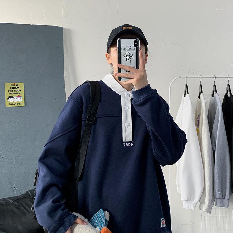 

Men's Hoodies 2023 Autumn And Winter Youth Loose Plus Velvet Thick Stitching Collar Sweatshirt Fashion Casual Pullover Navy Blue