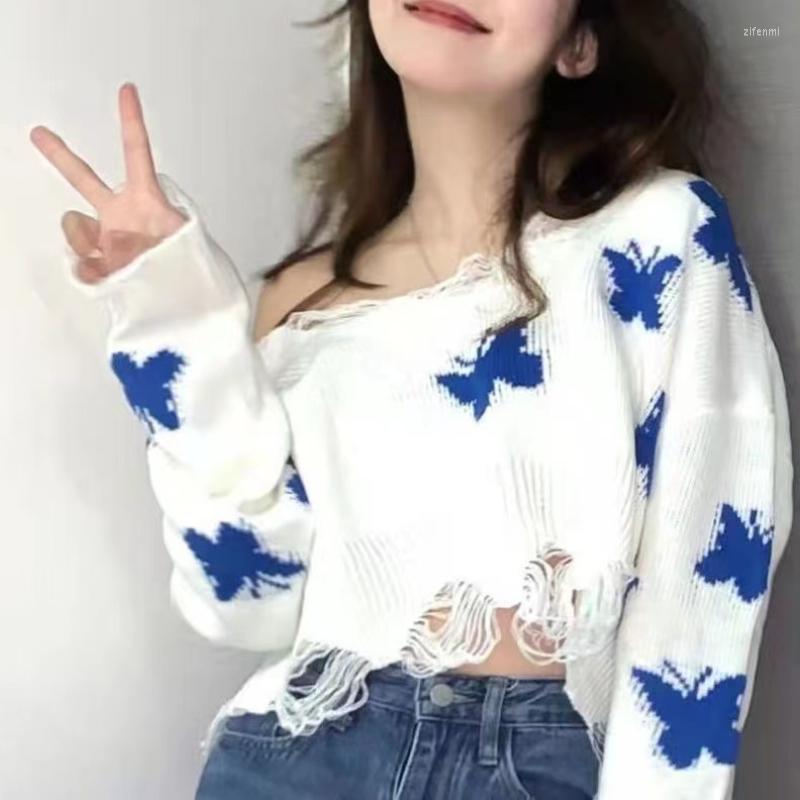

Women' Sweaters 2023 Autumn And Winter Butterfly Jacquard Sweater Women' Loose Harajuku Style Pullover Outer Wear Knitted Top Coat, White
