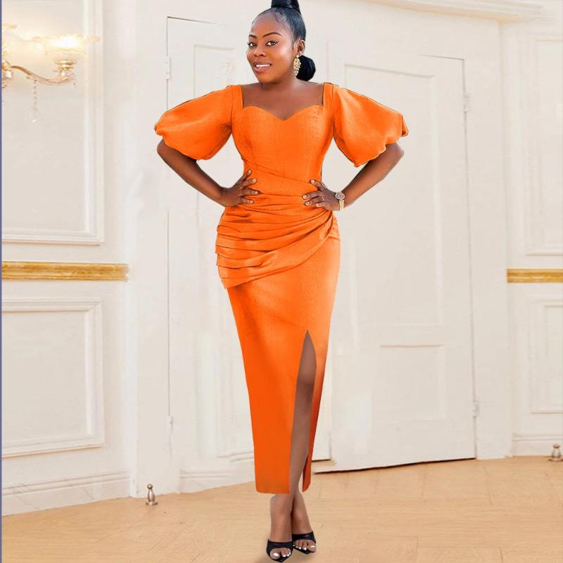 

Party Dresses Summer Women Orange Vestido Sexy Low Neck Puff Short Sleeve Split Bodycon Club Maxi Evening Dress