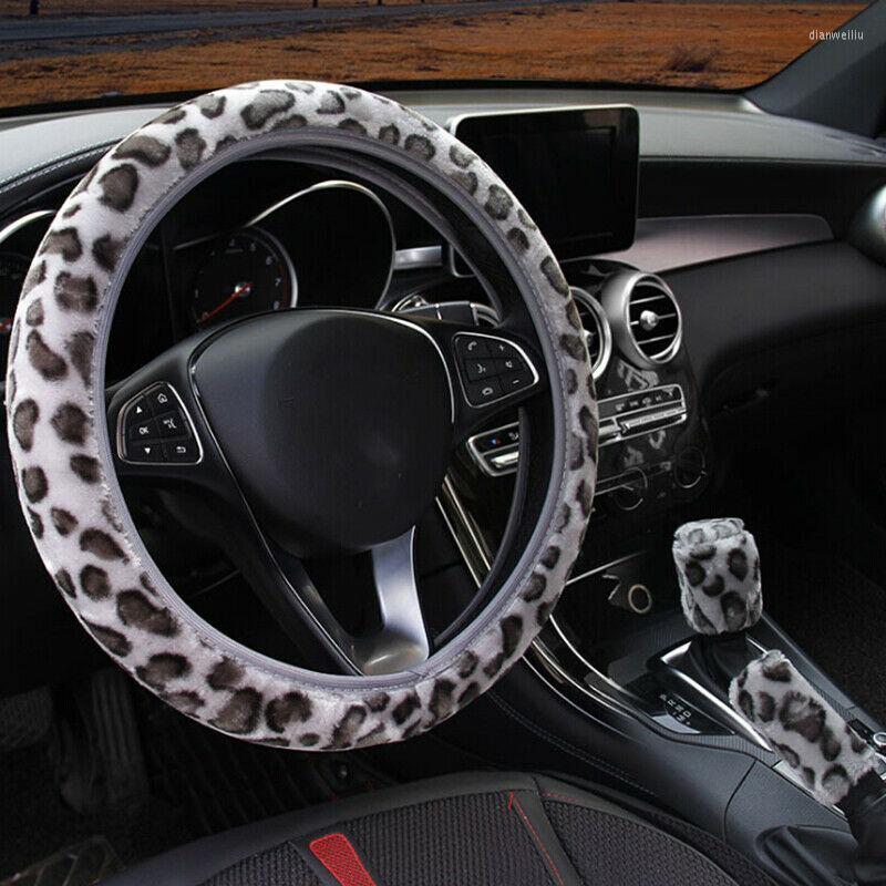 

Steering Wheel Covers 3Pcs /Set Cover Gray Leopard Fluff Plush Car Accessor Trim