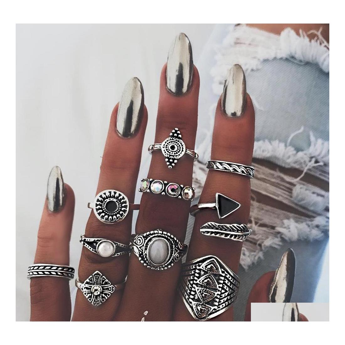 

Band Rings Bohemian Fashion Jewelry Ancient Sier Gold Knuckle Ring Set Arrow Hollow Out Stacking Midi 10Pcs/Set Drop Delivery Dhgfr