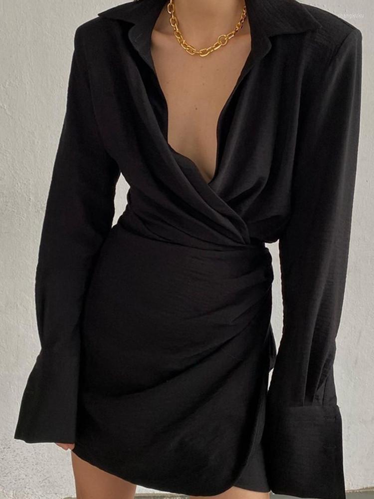 

Casual Dresses SKMY 2023 Autumn Elegant Evening Dress Turn-Down Collar Deep V Solid Color Long Sleeve Bodycon Shirt Women Clothing, White