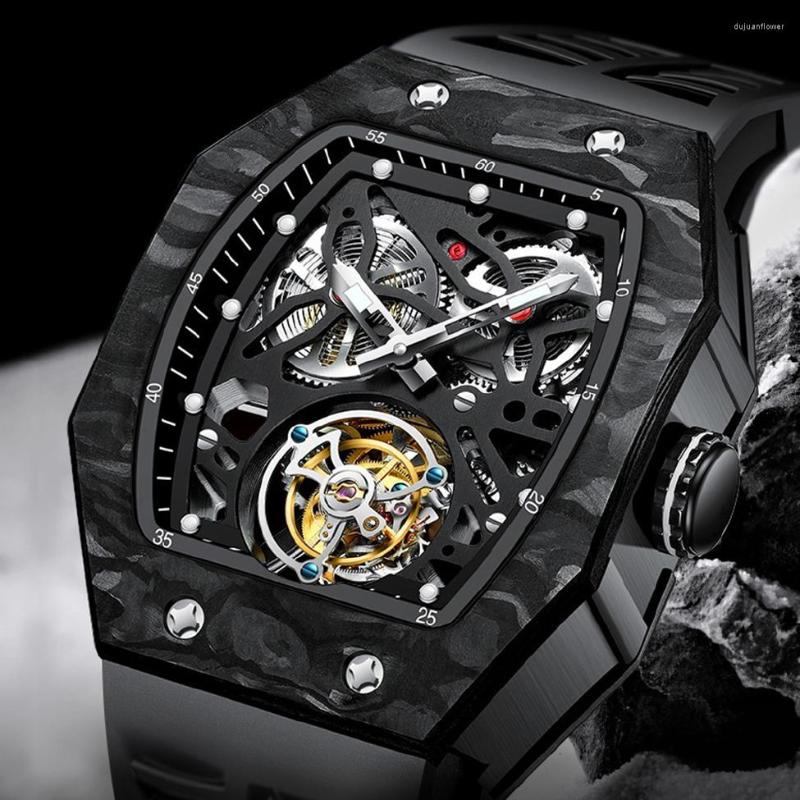 

Wristwatches AESOP Famous Style Square Flying Tourbillon Watch Carbon Fiber Bezel Mechanical Men Watches Top Quality Skeleton Male Clock Man, Silver