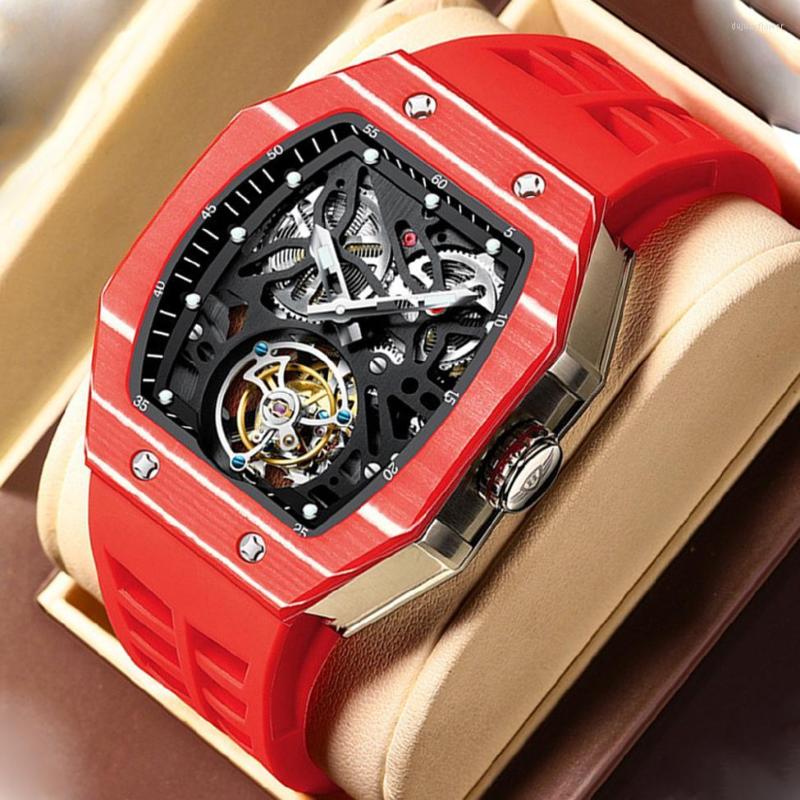 

Wristwatches AESOP Trending Square Flying Tourbillon Watch Carbon Fiber Bezel Mechanical Men Watches Top Quality Skeleton Red Male Clock, Silver