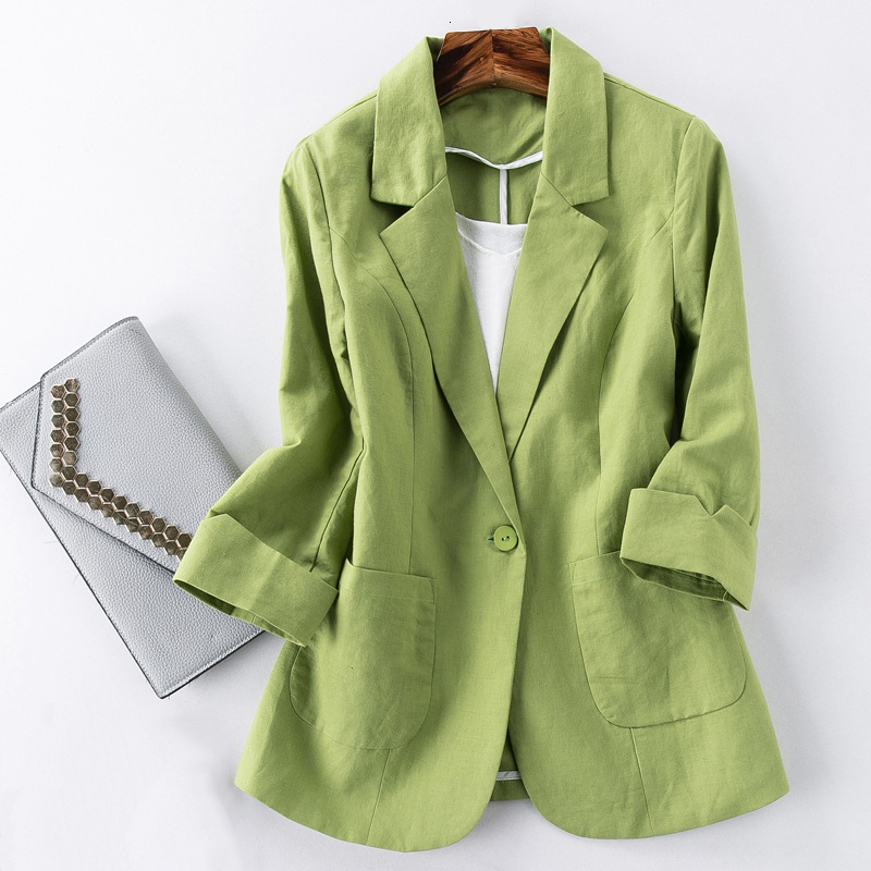 

Women' Suits Blazers Cotton Linen Jacket Women Summer Outwear High Quality Solid Single Button Notched Three Quarter Sleeve Top 230203, Green