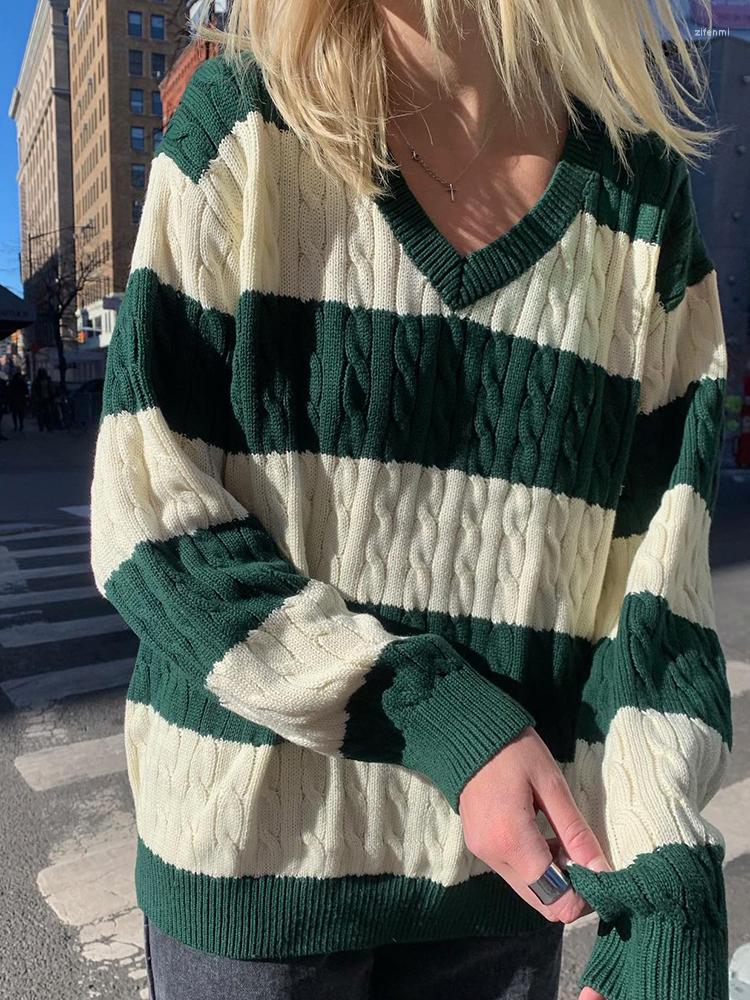 

Women' Sweaters Striped Splicing Y2k Jumpers V Neck Prepply Full Sleeve Loose Vintage Harajuku Korean Cute Pullovers Women Autumn Tops, Green