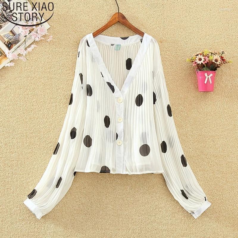 

Women's Blouses & Shirts Casual Loose Single-breasted Chiffon Blouse Vintage Big Dot Pleated Shirt Women Tops 2023 V-neck Puff Sleeve 20536W, White