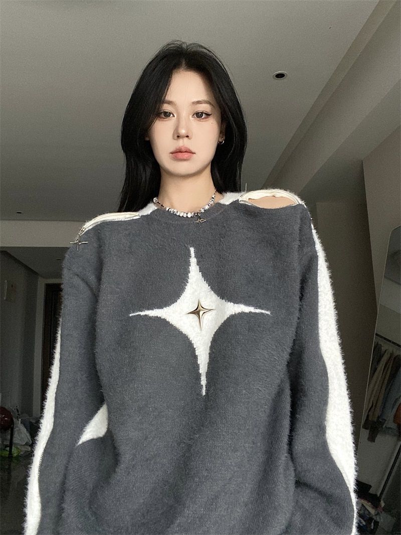 

Women' Sweaters Retro Contrast Color Star Sweater Sexy Slash Neck Off Shoulder Long Sleeve Tops 2023 Autumn Harajuku Fashion Y2k Jumpers 230203, Black