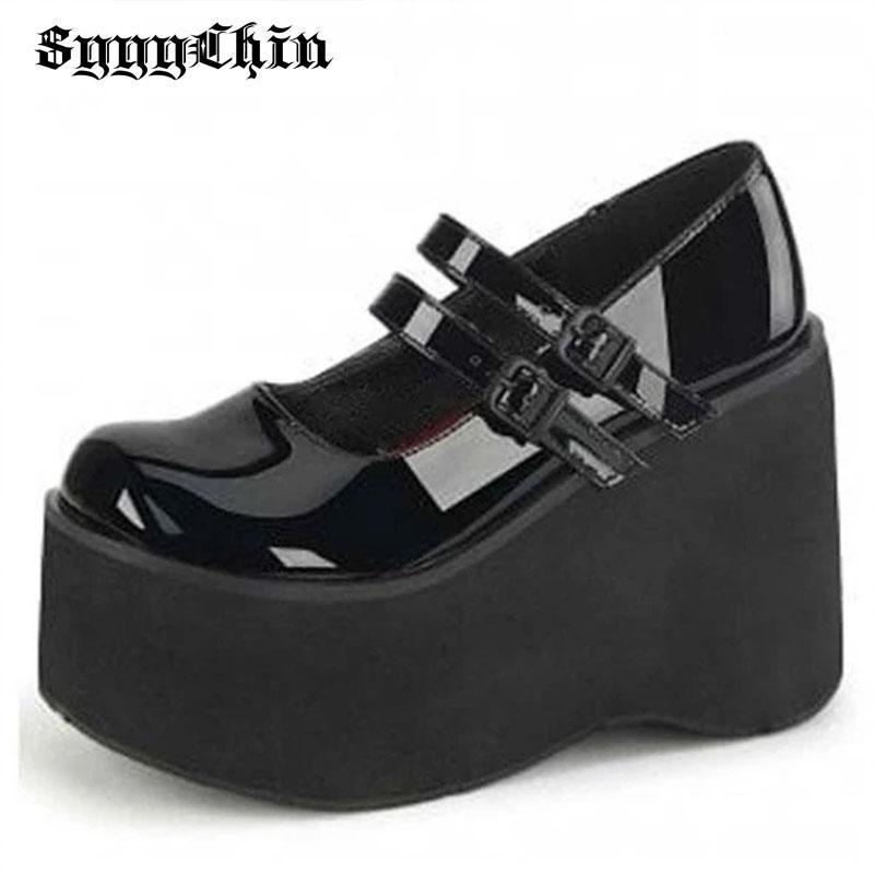 

Dress Shoes Women Pumps Mary Jane Super High Heel Platform Wedge Spring Ladies Sandals Belt Buckle Classic Sweet Punk Female Lolita Shoes 230203, Black matt