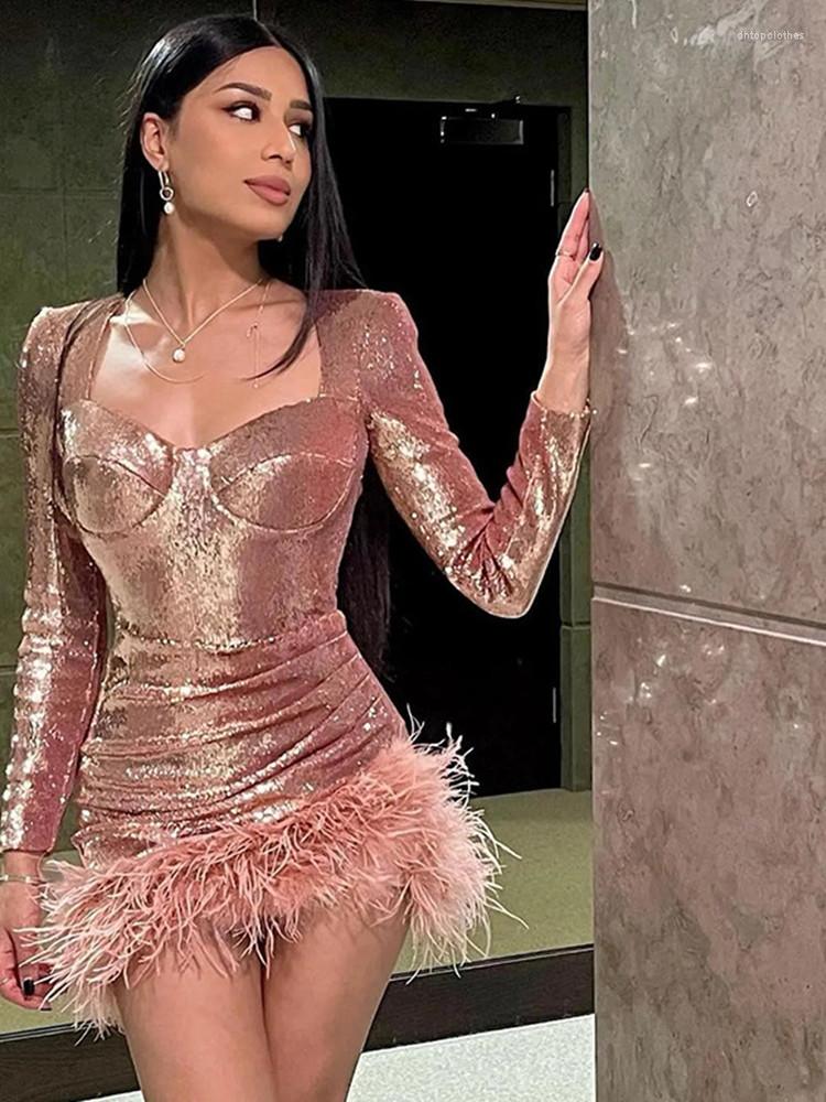 

Casual Dresses Hirigin Women Sexy Mini Sequin Dress With Feather Long Sleeve Low Cut Bodycon Short Party Club Sparkle Glitter, Pink