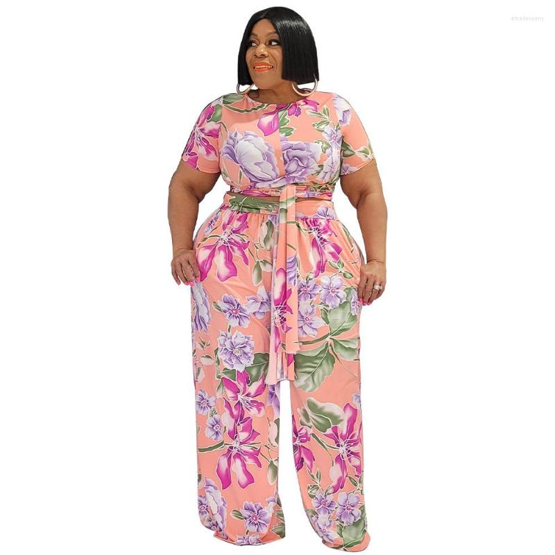 

Tracksuits FS Floral Print Belt Plus Size Women Clothing 4XL Two 2 Piece Sets Womens Summer Outifits Feminino Conjuntos Wide Leg Pants 2023, Pink