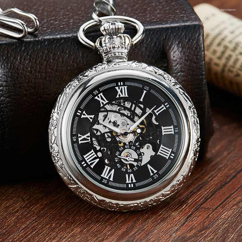 

Pocket Watches Vintage Silver Crowns Design Carved Hollow Number Dial Mechanical Watch Men Chain Unique Steampunk Clock, Black