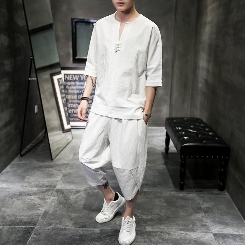 

Men's Tracksuits 2023 Summer Chinese Style Japanese Loose Linen Suit Cotton Fashion Casual And Solid Color Two-piece, Black
