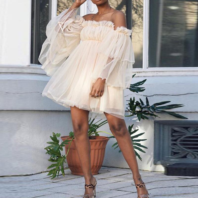 

Casual Dresses Women Off Shoulder Ruffle Dress Slash Neck Mesh Party Perspective High Waist Purple Elegant Autumn Vestidos 2023, Green