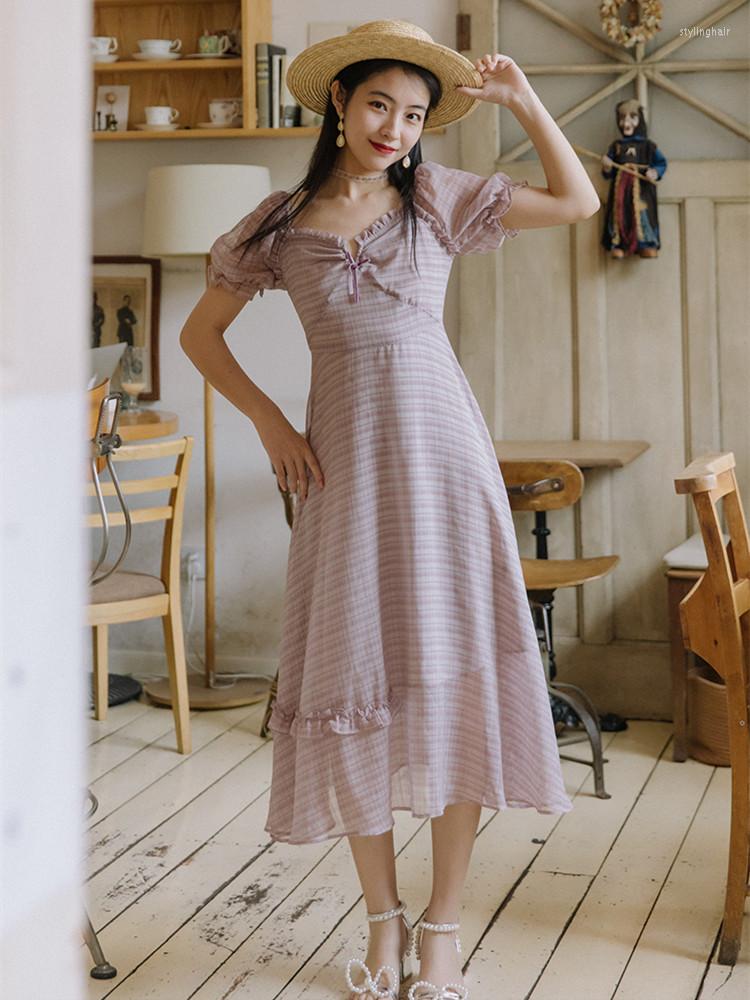 

Party Dresses Light Purple Romantic Fairy For Women 2023 Summer Puff Sleeve French Check Vintage Vestidos Elegant Robe Femme Dress