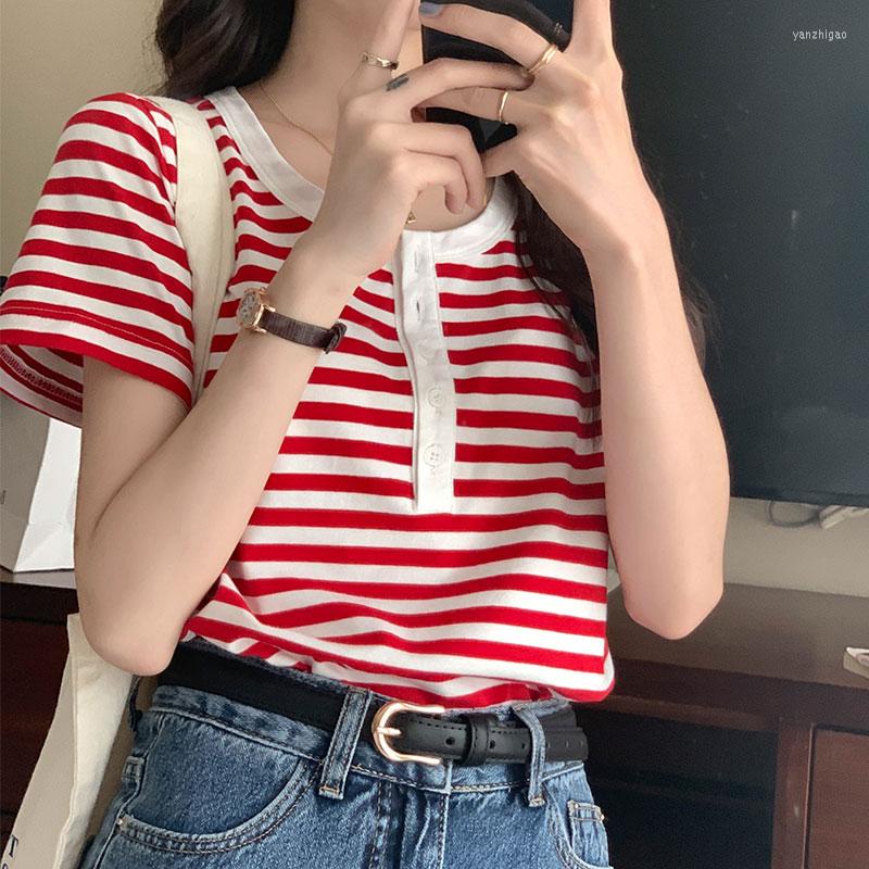 

Women's T Shirts 9Colors 2023 Summer Korean Style Striped Short Sleeve Buttons Tops Womans Casual T-shirts Womens Tee Shirt Femme (X2394), Beige
