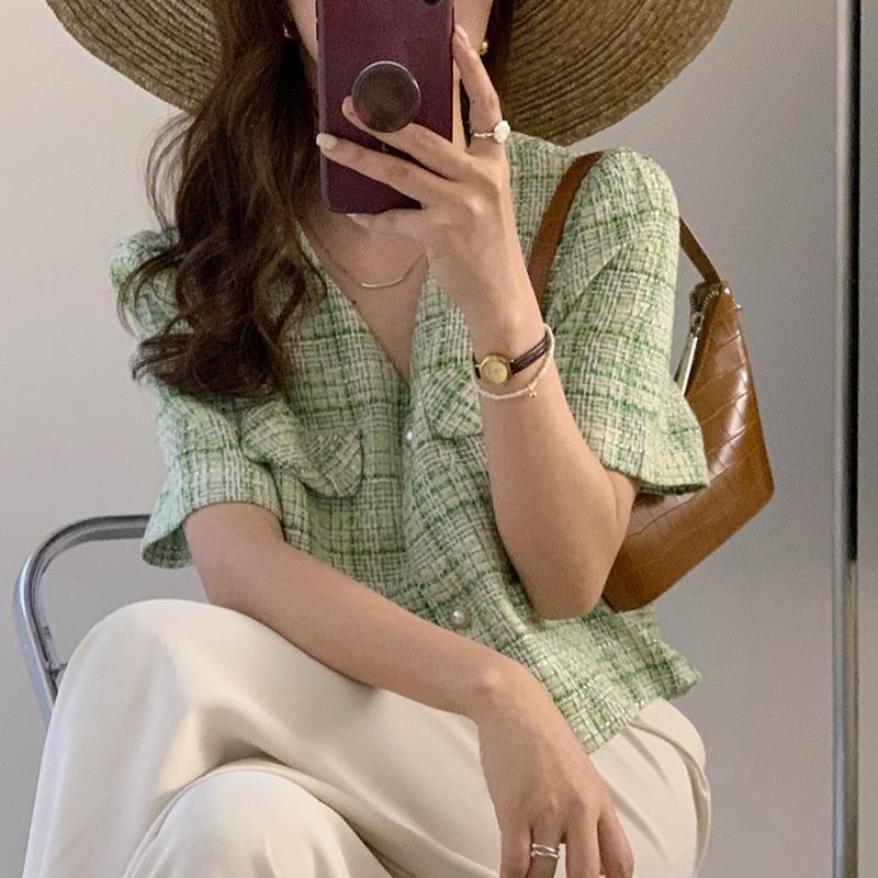 

Women's Jackets Thin Short Sleeve Jacket Women Korean Summer Fashion V-Neck Woman Sweet Woven Pearl Button CoatWomen's, Blue