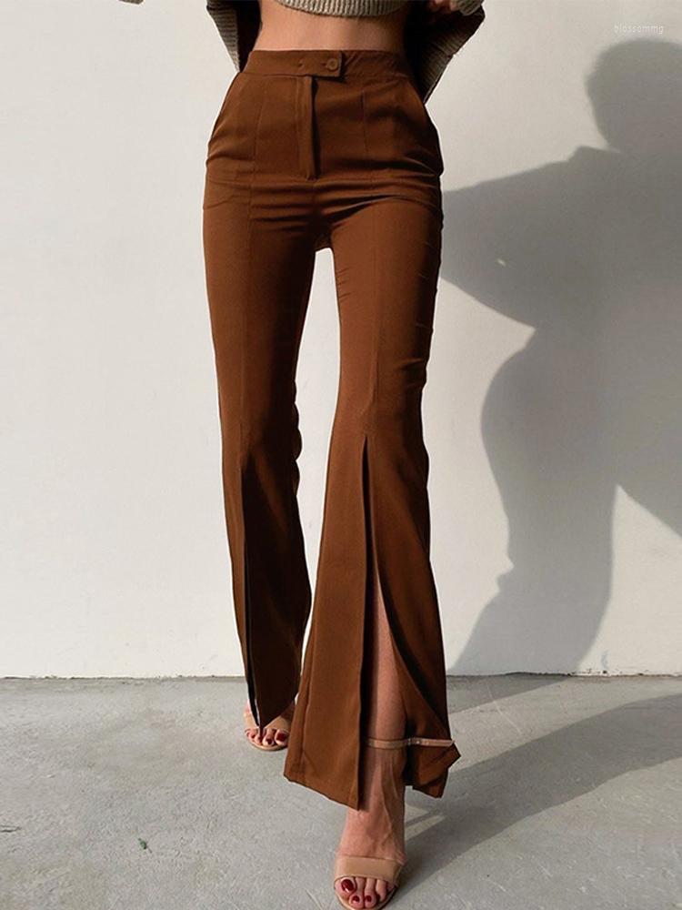 

Women' Pants Spring Summer Front Split Women Pant High Waist Slim Flare Long Female Sexy Elegant Solid Button Lady Party Trousers 2023, Brown