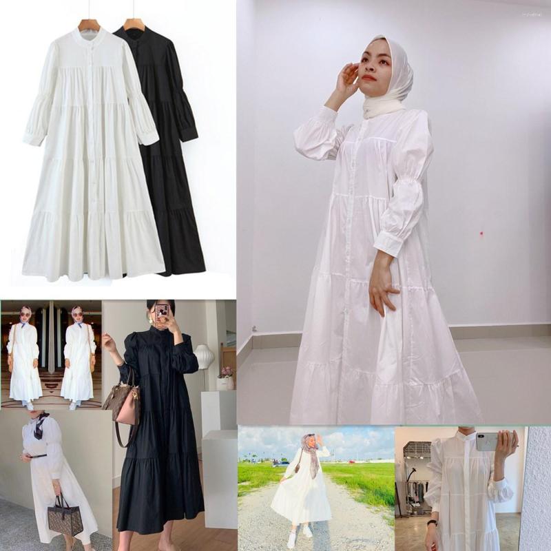 

Ethnic Clothing Korean Temperament Stand-up Collar Single-breasted Loose Ruffled Bubble Sleeve Shirt Dress Long Robes Girl Vestidos
