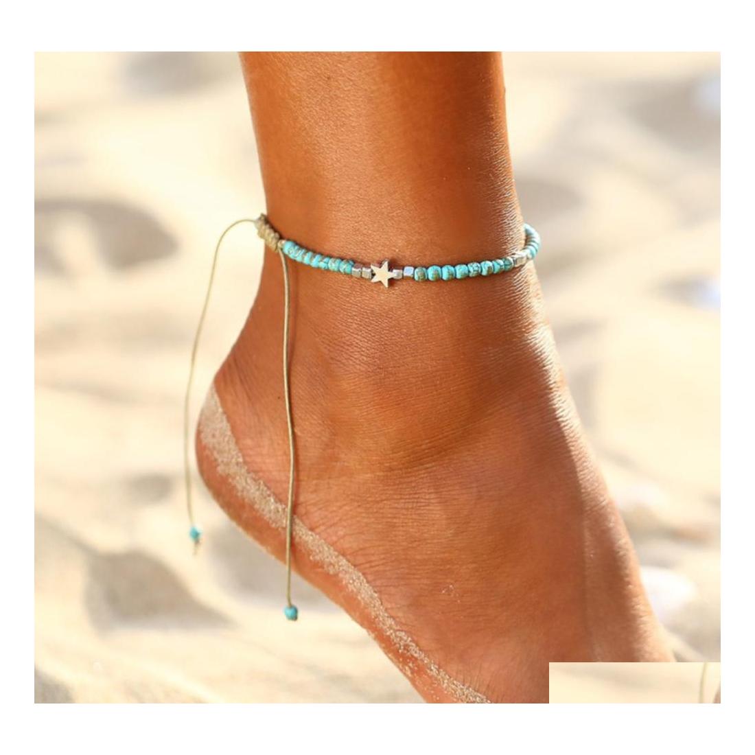 

Anklets Bohemian Fashion Jewelry Five Star Turquoise Beads Foot Chain Anglet Handmade Beaded Drop Delivery Dh5Jh