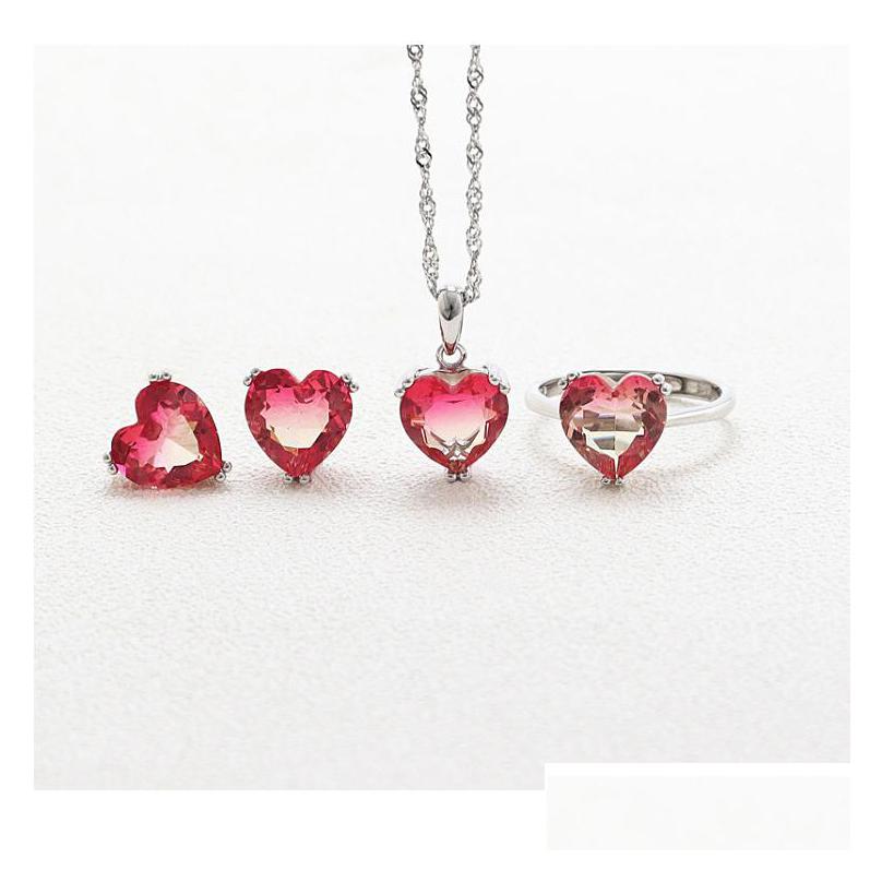 

Earrings Necklace 925 Sterling Sier Heart Gem Jewelry Set Pendant And Ring For Women Gift Love Wish Drop Delivery Sets Dhtim, Customize