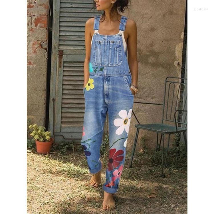 

Women' Jeans Casual Plus Baggy Ladies Pants Pockets Print Floral Denim Overalls Straps Jean Rompers Student -5XL Loose Jumpsuit Women