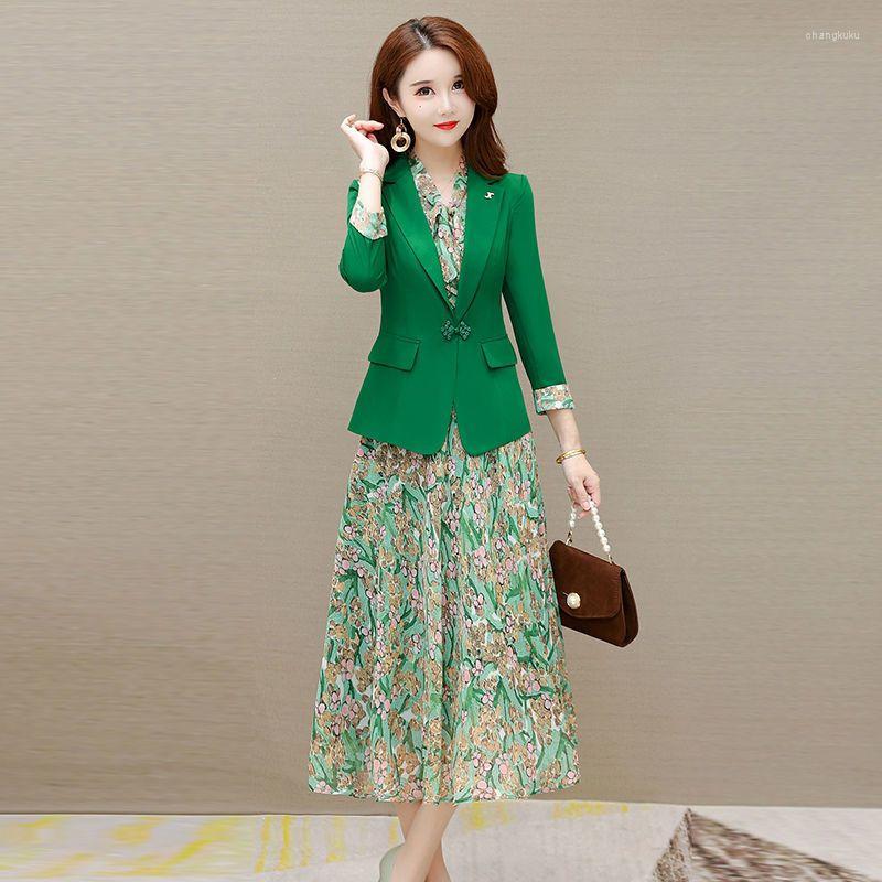 

Work Dresses Women's Elegant Suit Jacket Floral Dress Two-piece Suits Female Casual Blazers Business Set Ladies Outfits G92, Green
